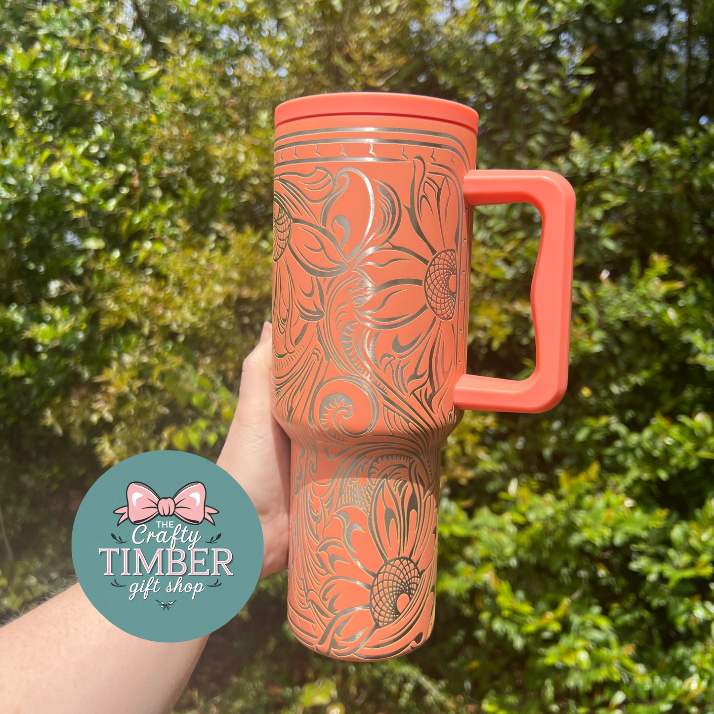 40oz Tooled Western Sunflower Tumbler with Handle - Laser Engraved Tumbler - Full Wrap Tumbler
