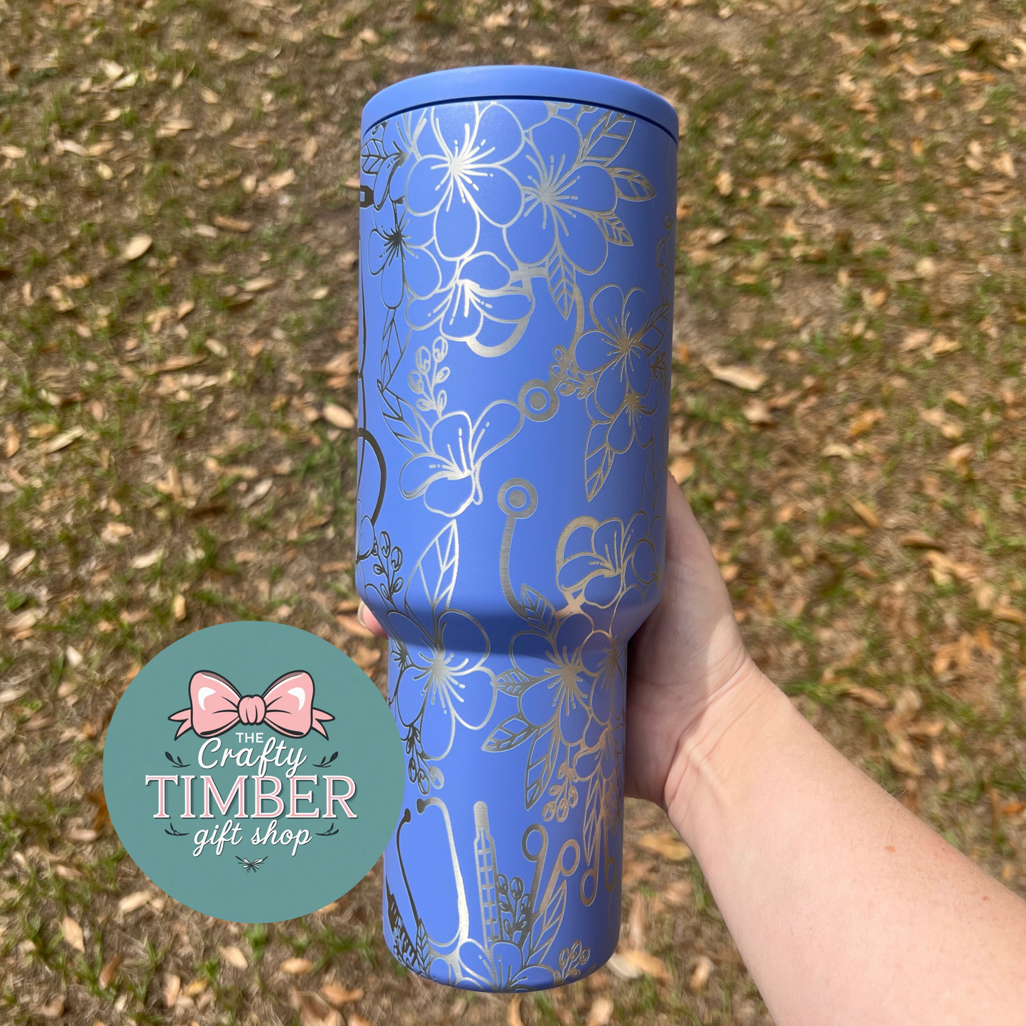 40oz Floral Nurse Tumbler with Handle - Laser Engraved Tumbler - Full Wrap Tumbler