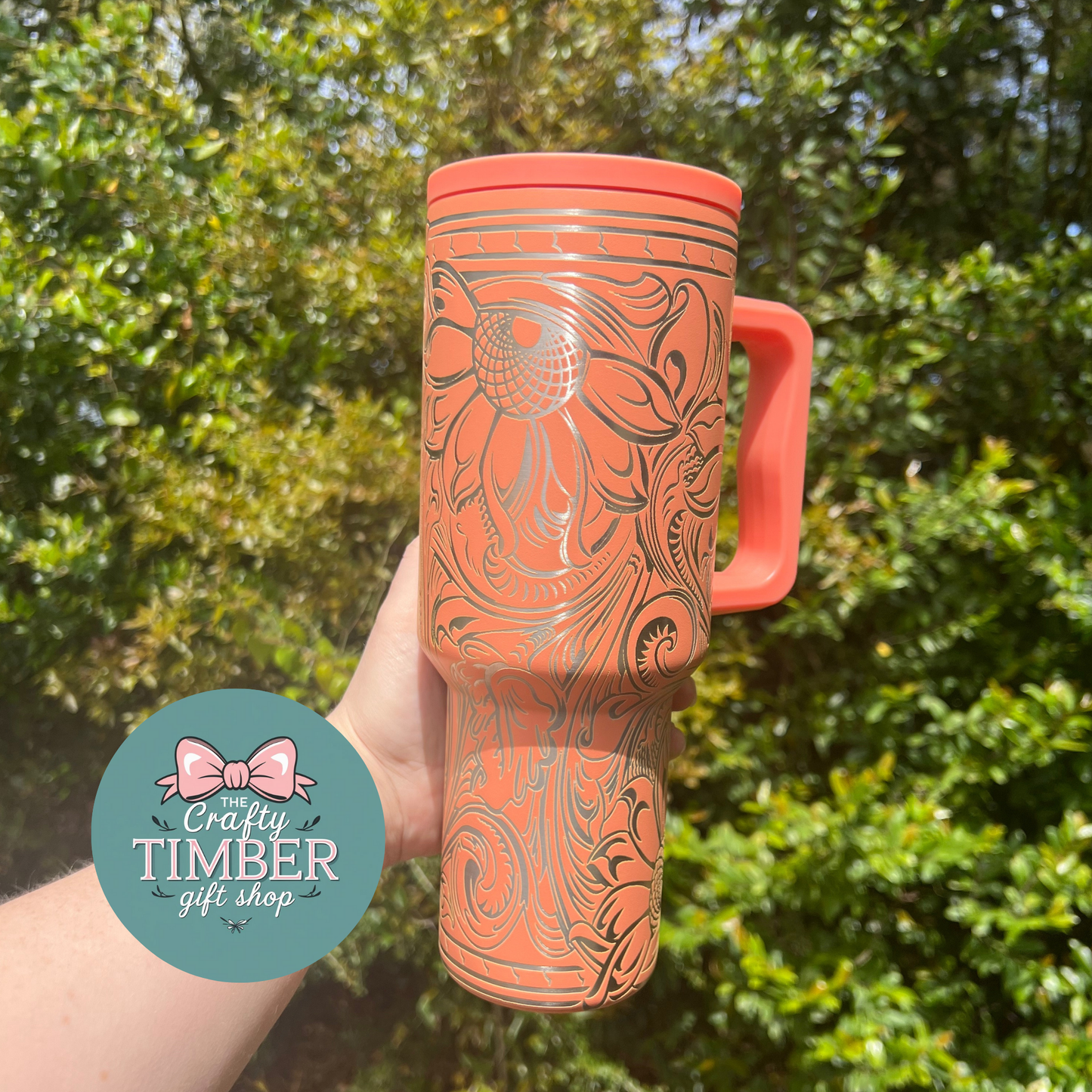 40oz Tooled Western Sunflower Tumbler with Handle - Laser Engraved Tumbler - Full Wrap Tumbler