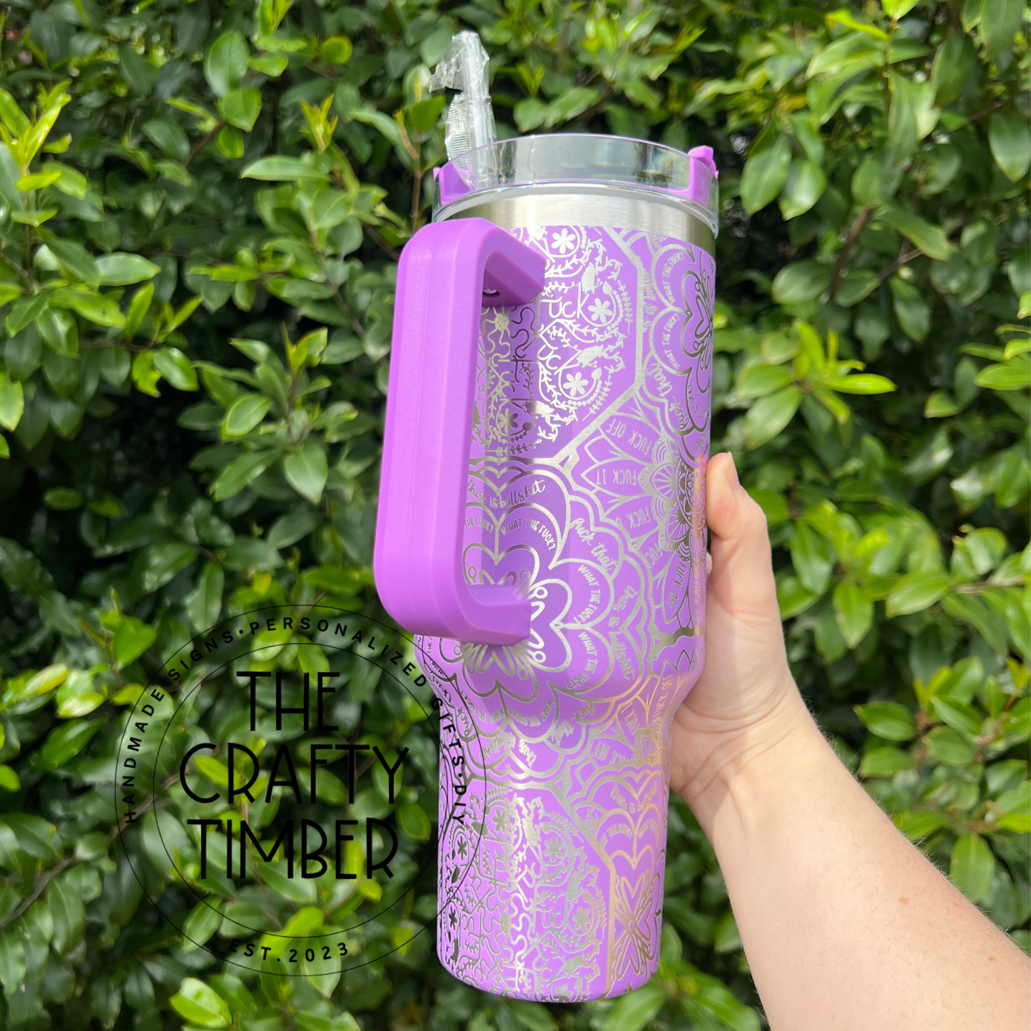 40oz Hidden Swear Word Tumbler With Handle - Mandala Tumbler - Cuss Word Tumbler - Laser Engraved Tumbler