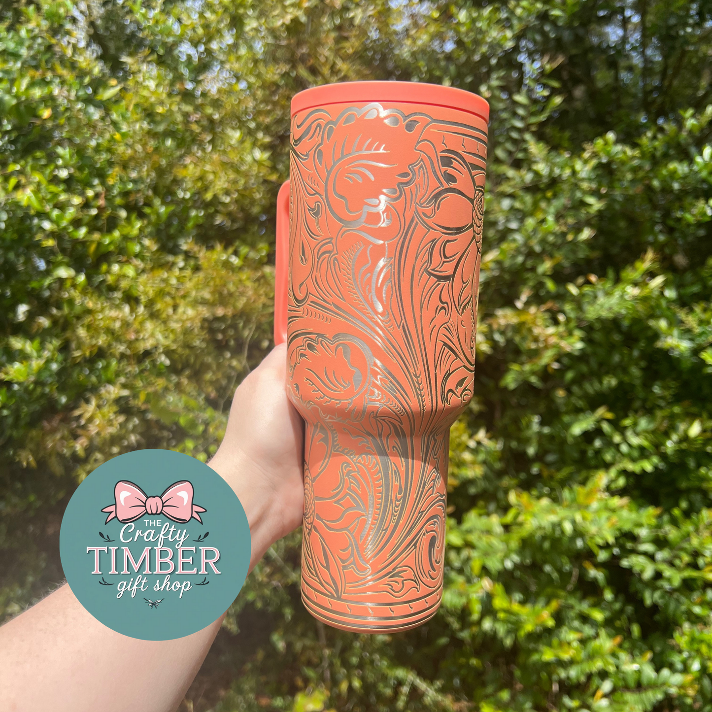 40oz Tooled Western Sunflower Tumbler with Handle - Laser Engraved Tumbler - Full Wrap Tumbler