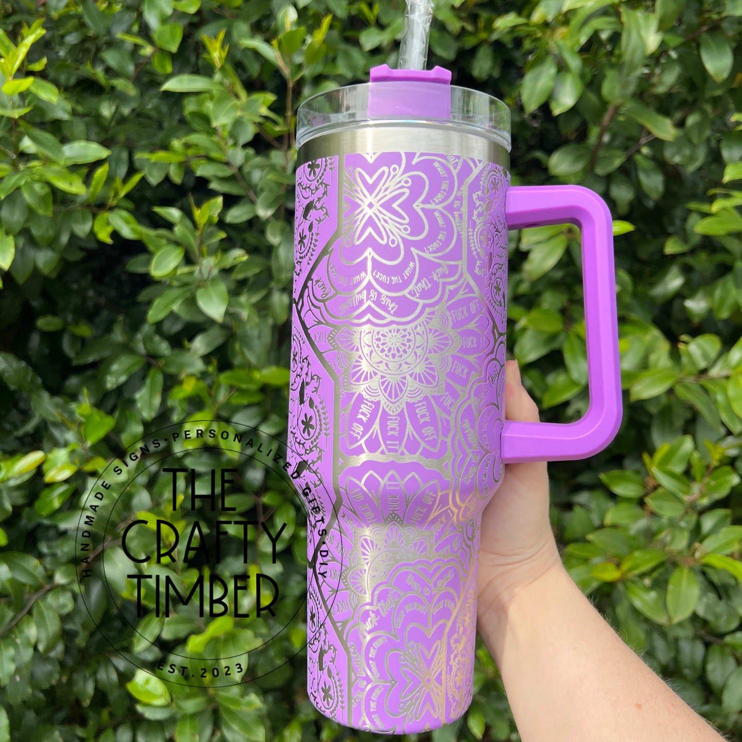 40oz Hidden Swear Word Tumbler With Handle - Mandala Tumbler - Cuss Word Tumbler - Laser Engraved Tumbler