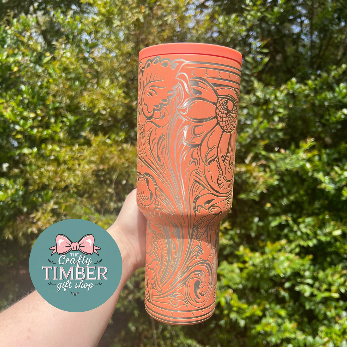 40oz Tooled Western Sunflower Tumbler with Handle - Laser Engraved Tumbler - Full Wrap Tumbler