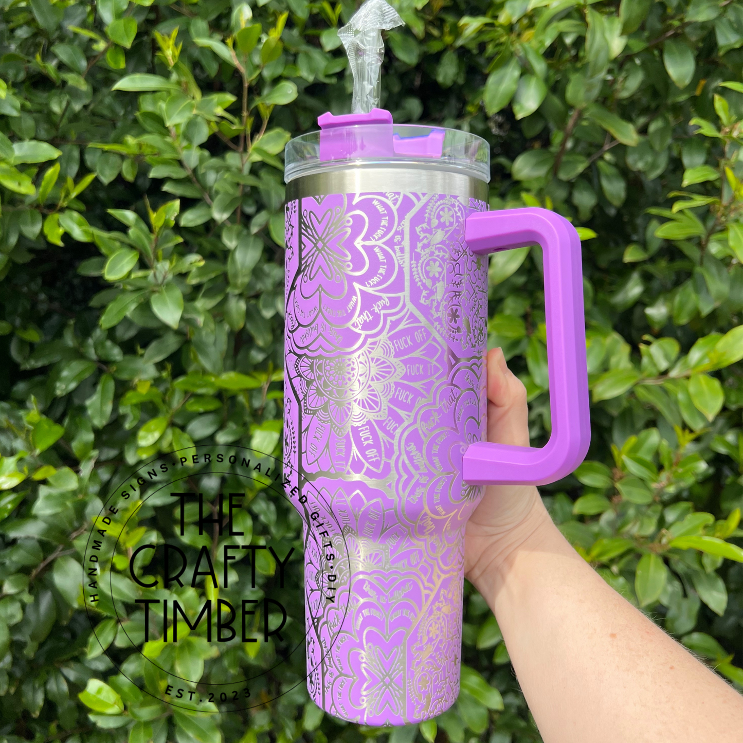 40oz Hidden Swear Word Tumbler With Handle - Mandala Tumbler - Cuss Word Tumbler - Laser Engraved Tumbler