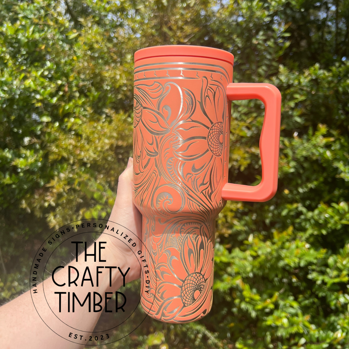 40oz Tooled Western Sunflower Tumbler with Handle - Laser Engraved Tumbler - Full Wrap Tumbler