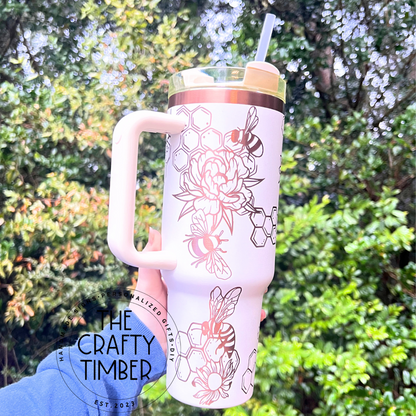 40oz Floral Bee Cream & Copper Tumbler with handle - Laser Engraved Tumbler with Handle -Stanley Dupe Tumbler