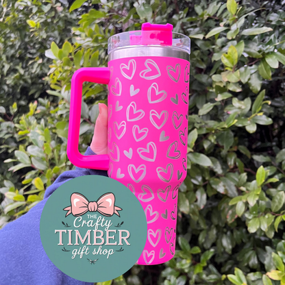 40oz Hearts Tumbler with Handle - Valentine's Day Stanley Dupe Tumbler- Laser Engraved Tumbler With Handle