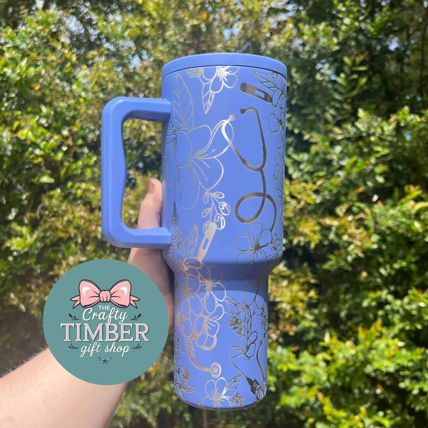 40oz Floral Nurse Tumbler with Handle - Laser Engraved Tumbler - Full Wrap Tumbler