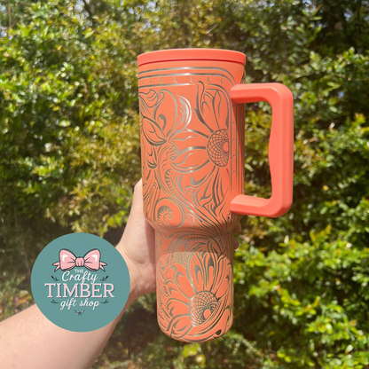 40oz Tooled Western Sunflower Tumbler with Handle - Laser Engraved Tumbler - Full Wrap Tumbler