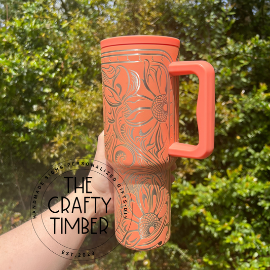 40oz Tooled Western Sunflower Tumbler with Handle - Laser Engraved Tumbler - Full Wrap Tumbler