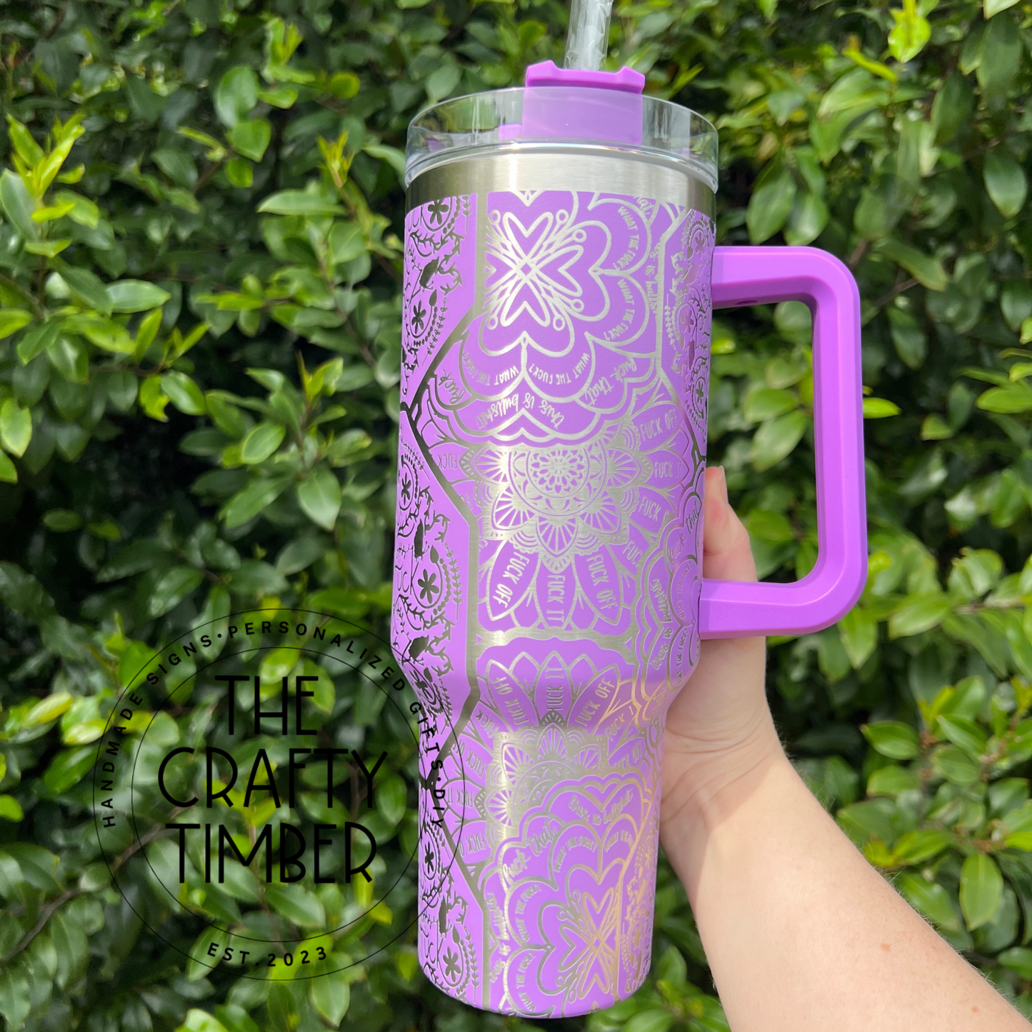 40oz Hidden Swear Word Tumbler With Handle - Mandala Tumbler - Cuss Word Tumbler - Laser Engraved Tumbler