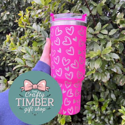40oz Hearts Tumbler with Handle - Valentine's Day Stanley Dupe Tumbler- Laser Engraved Tumbler With Handle