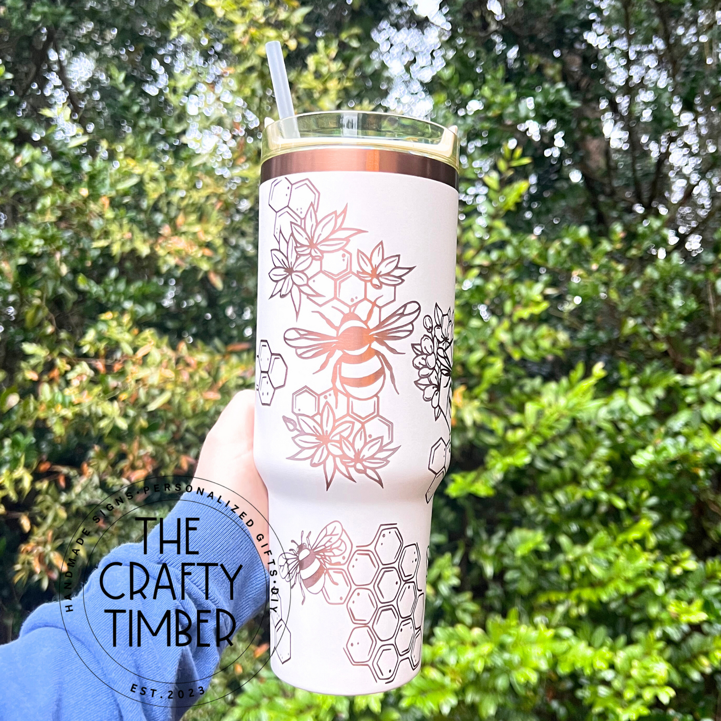 40oz Floral Bee Cream & Copper Tumbler with handle - Laser Engraved Tumbler with Handle -Stanley Dupe Tumbler