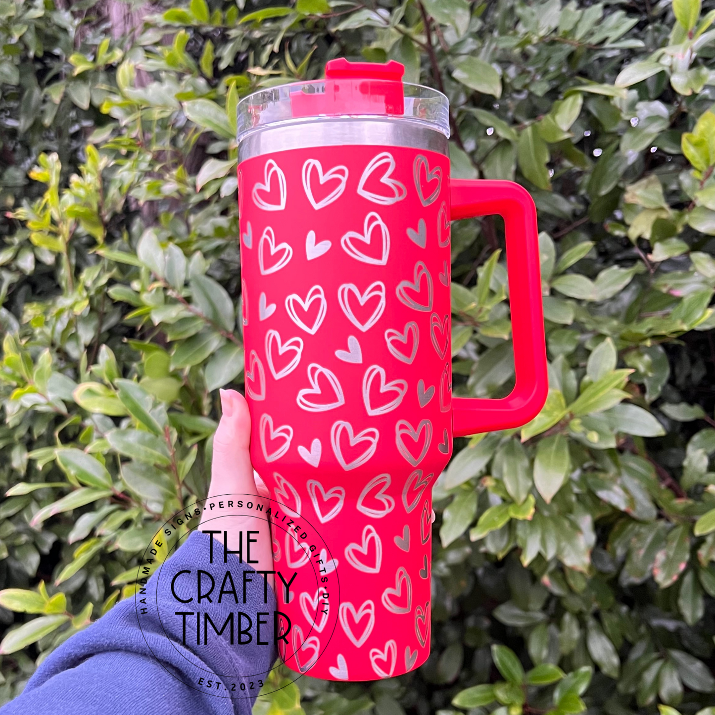 40oz Hearts Tumbler with Handle - Valentine's Day Stanley Dupe Tumbler- Laser Engraved Tumbler With Handle