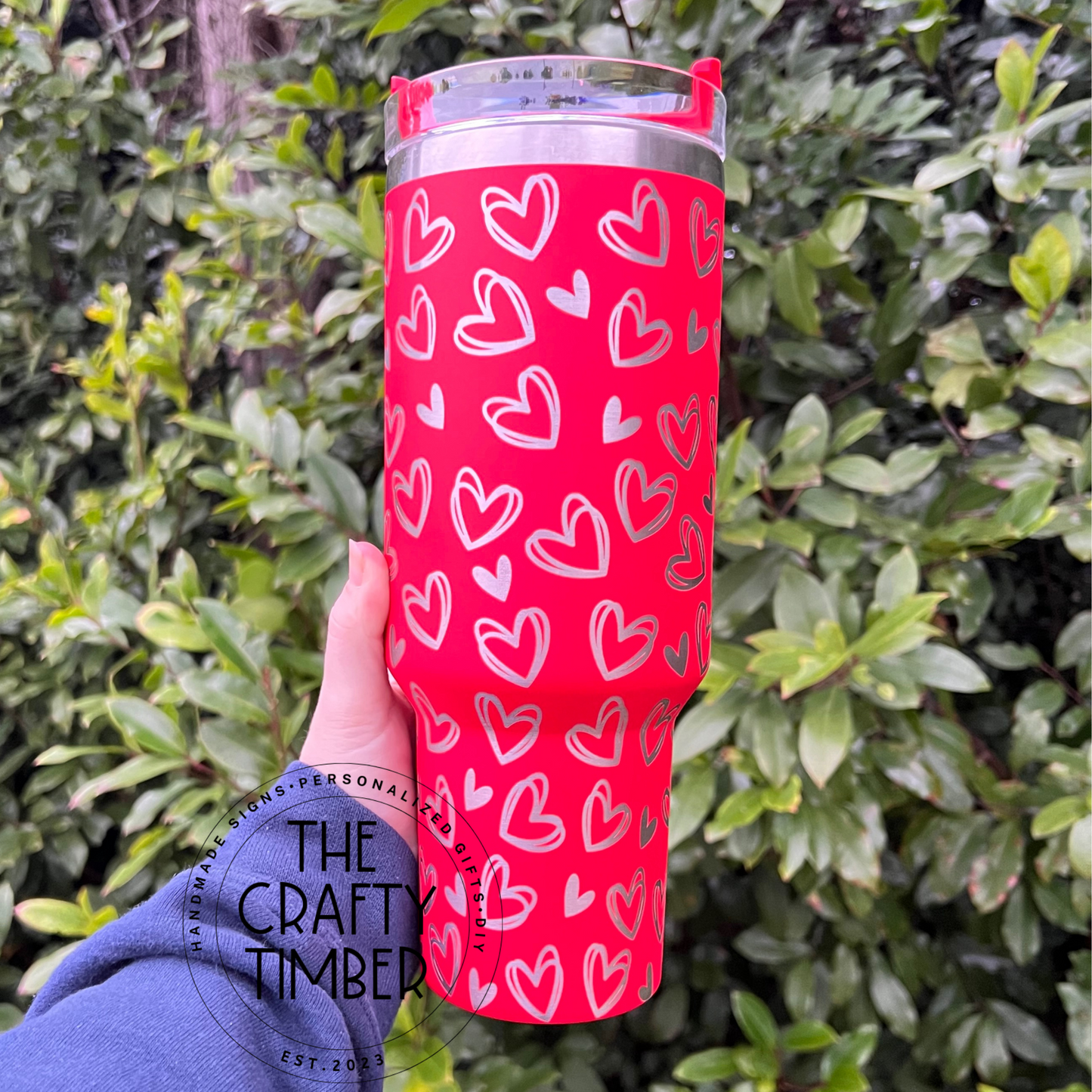 40oz Hearts Tumbler with Handle - Valentine's Day Stanley Dupe Tumbler- Laser Engraved Tumbler With Handle