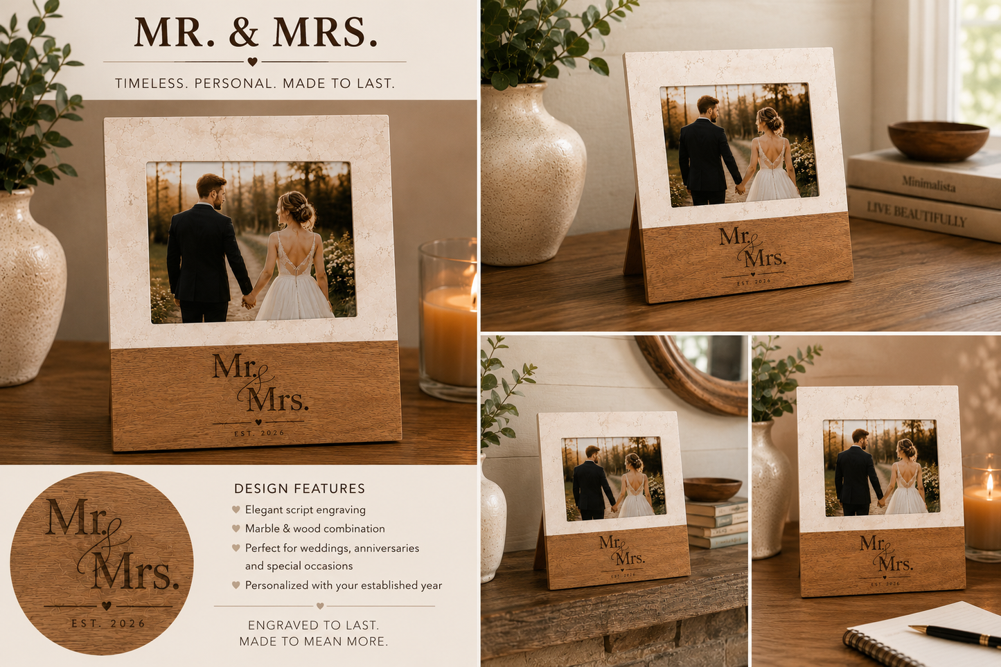 Mr. and Mrs. Marble & Acacia Wood Picture Frame | Engraved Wedding Keepsake | Wedding Gift | Bridal Shower Gift | 5x7 Horizontal Frame