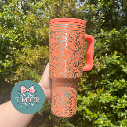 40oz Tooled Western Sunflower Tumbler with Handle - Laser Engraved Tumbler - Full Wrap Tumbler