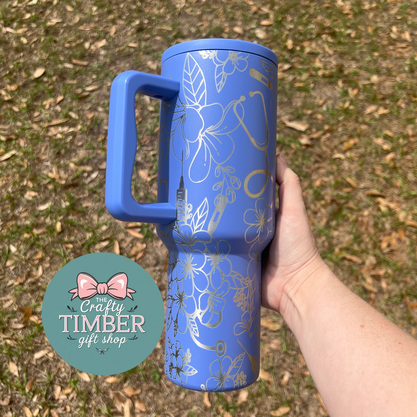 40oz Floral Nurse Tumbler with Handle - Laser Engraved Tumbler - Full Wrap Tumbler