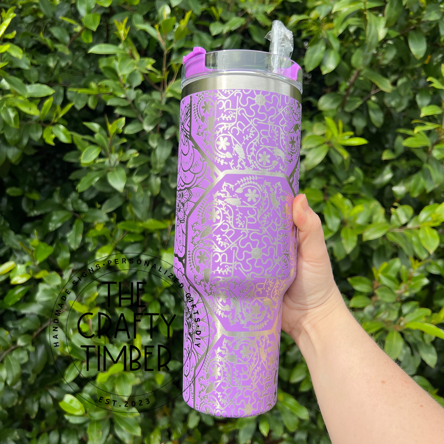 40oz Hidden Swear Word Tumbler With Handle - Mandala Tumbler - Cuss Word Tumbler - Laser Engraved Tumbler