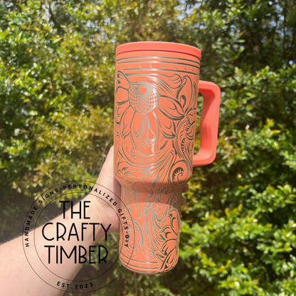 40oz Tooled Western Sunflower Tumbler with Handle - Laser Engraved Tumbler - Full Wrap Tumbler