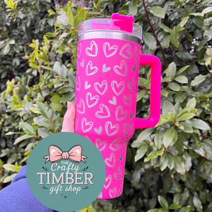 40oz Hearts Tumbler with Handle - Valentine's Day Stanley Dupe Tumbler- Laser Engraved Tumbler With Handle
