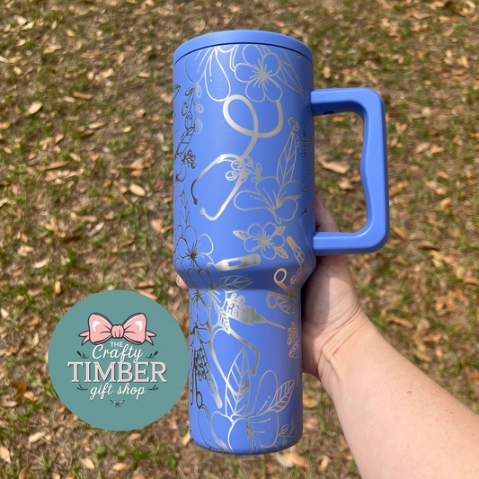 40oz Floral Nurse Tumbler with Handle - Laser Engraved Tumbler - Full Wrap Tumbler
