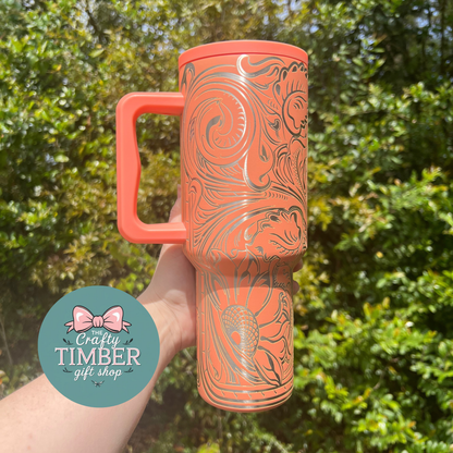 40oz Tooled Western Sunflower Tumbler with Handle - Laser Engraved Tumbler - Full Wrap Tumbler