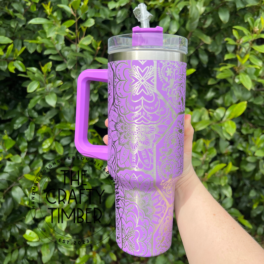 40oz Hidden Swear Word Tumbler With Handle - Mandala Tumbler - Cuss Word Tumbler - Laser Engraved Tumbler