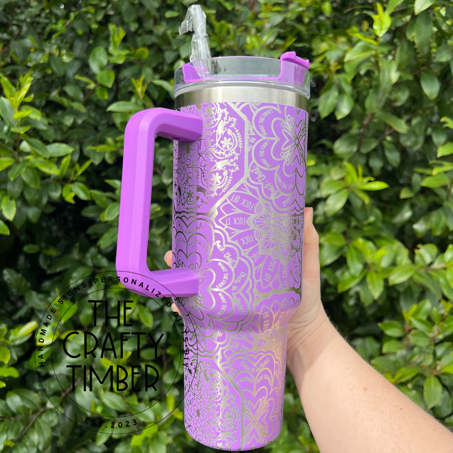 40oz Hidden Swear Word Tumbler With Handle - Mandala Tumbler - Cuss Word Tumbler - Laser Engraved Tumbler