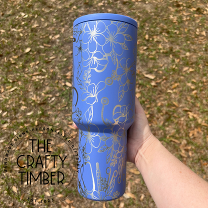 40oz Floral Nurse Tumbler with Handle - Laser Engraved Tumbler - Full Wrap Tumbler