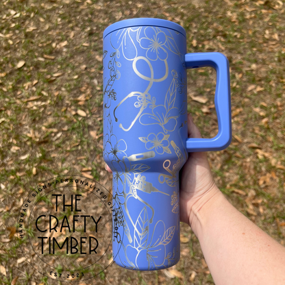 40oz Floral Nurse Tumbler with Handle - Laser Engraved Tumbler - Full Wrap Tumbler