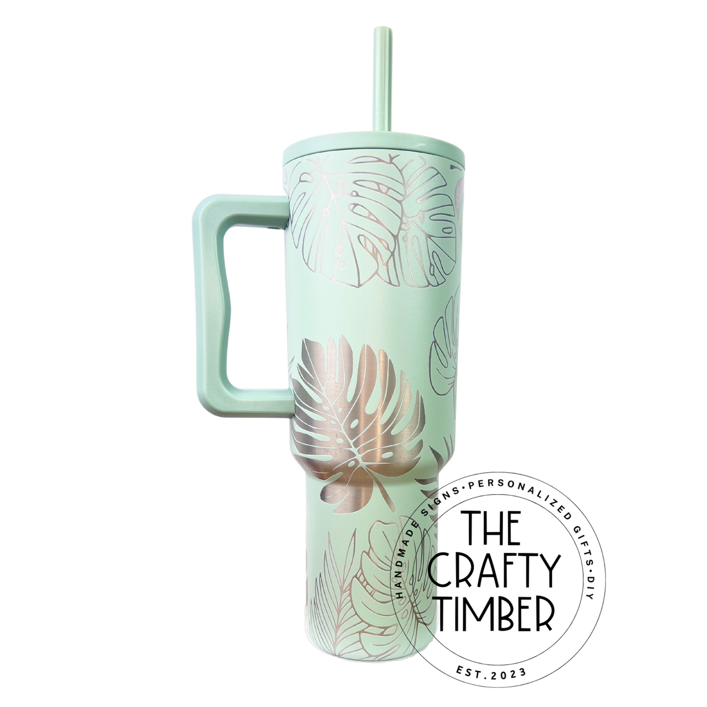 40oz Monstera Tumbler with Handle - Laser Engraved Tumbler - Full Wrap Tumbler