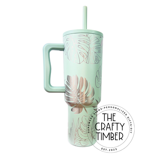 40oz Monstera Tumbler with Handle - Laser Engraved Tumbler - Full Wrap Tumbler