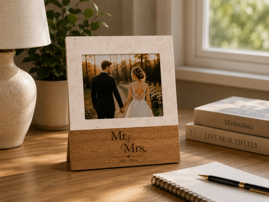 Mr. and Mrs. Marble & Acacia Wood Picture Frame | Engraved Wedding Keepsake | Wedding Gift | Bridal Shower Gift | 5x7 Horizontal Frame